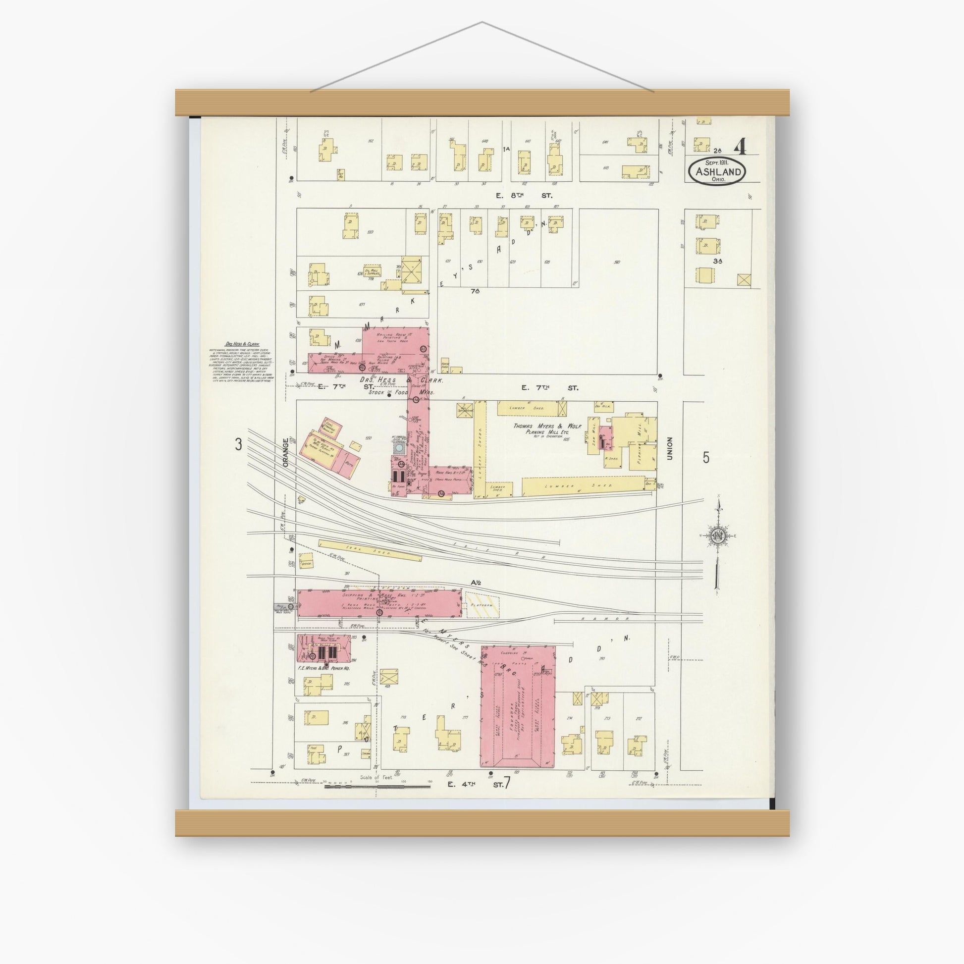 Old map wall art mockup — magnetic wood frame on white wall — Sanborn Fire Insurance Map from Ashland, Ashland County, Ohio (1911), Sheet #0004
