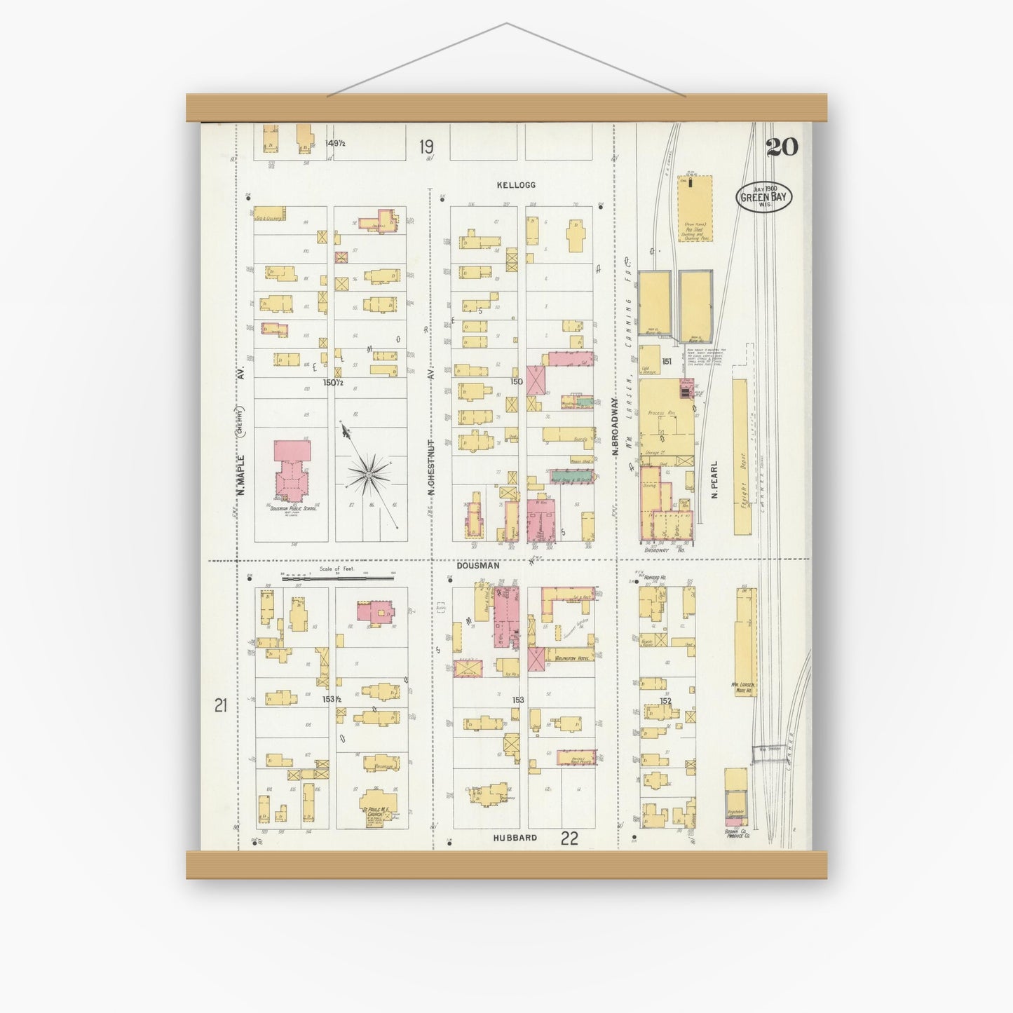 Old map wall art mockup — magnetic wood frame on white wall — Sanborn Fire Insurance Map from Green Bay, Brown County, Wisconsin (1900), Sheet #0020