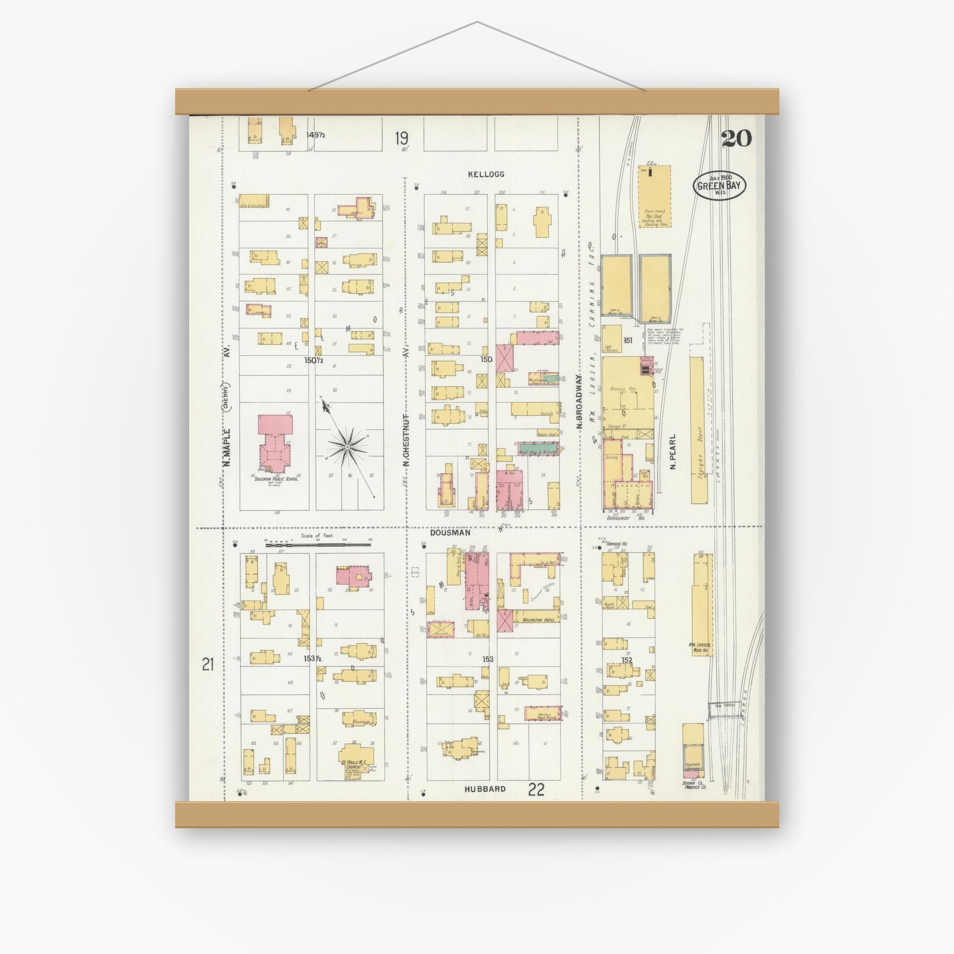 Old map wall art mockup — magnetic wood frame on white wall — Sanborn Fire Insurance Map from Green Bay, Brown County, Wisconsin (1900), Sheet #0020
