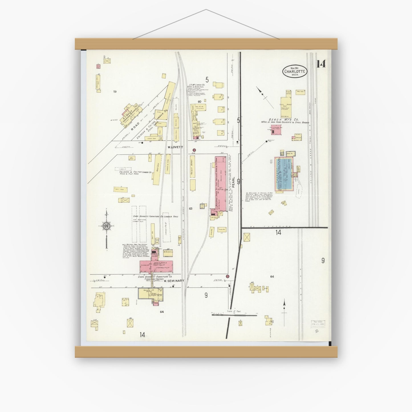 Old map wall art mockup — magnetic wood frame on white wall — Sanborn Fire Insurance Map from Charlotte, Eaton County, Michigan (1911), Sheet #0014