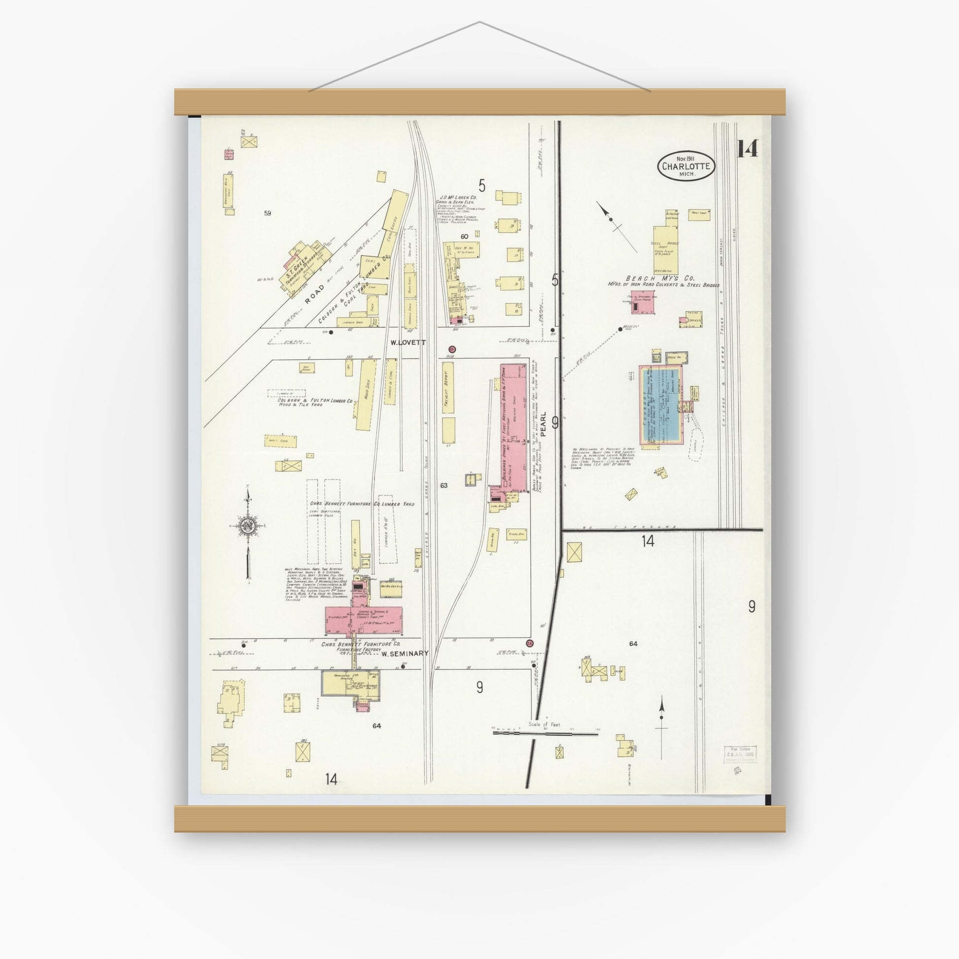Old map wall art mockup — magnetic wood frame on white wall — Sanborn Fire Insurance Map from Charlotte, Eaton County, Michigan (1911), Sheet #0014