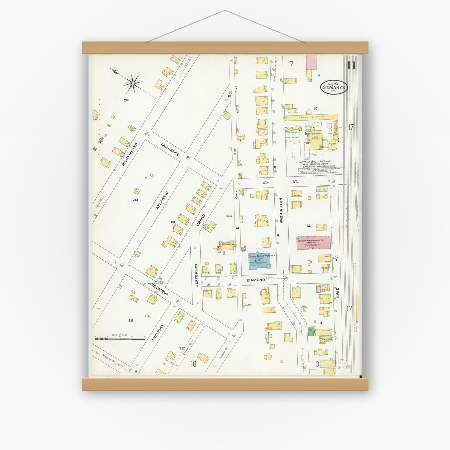 Old map wall art mockup — magnetic wood frame on white wall — Sanborn Fire Insurance Map from Saint Marys, Elk County, Pennsylvania (1909), Sheet #0011