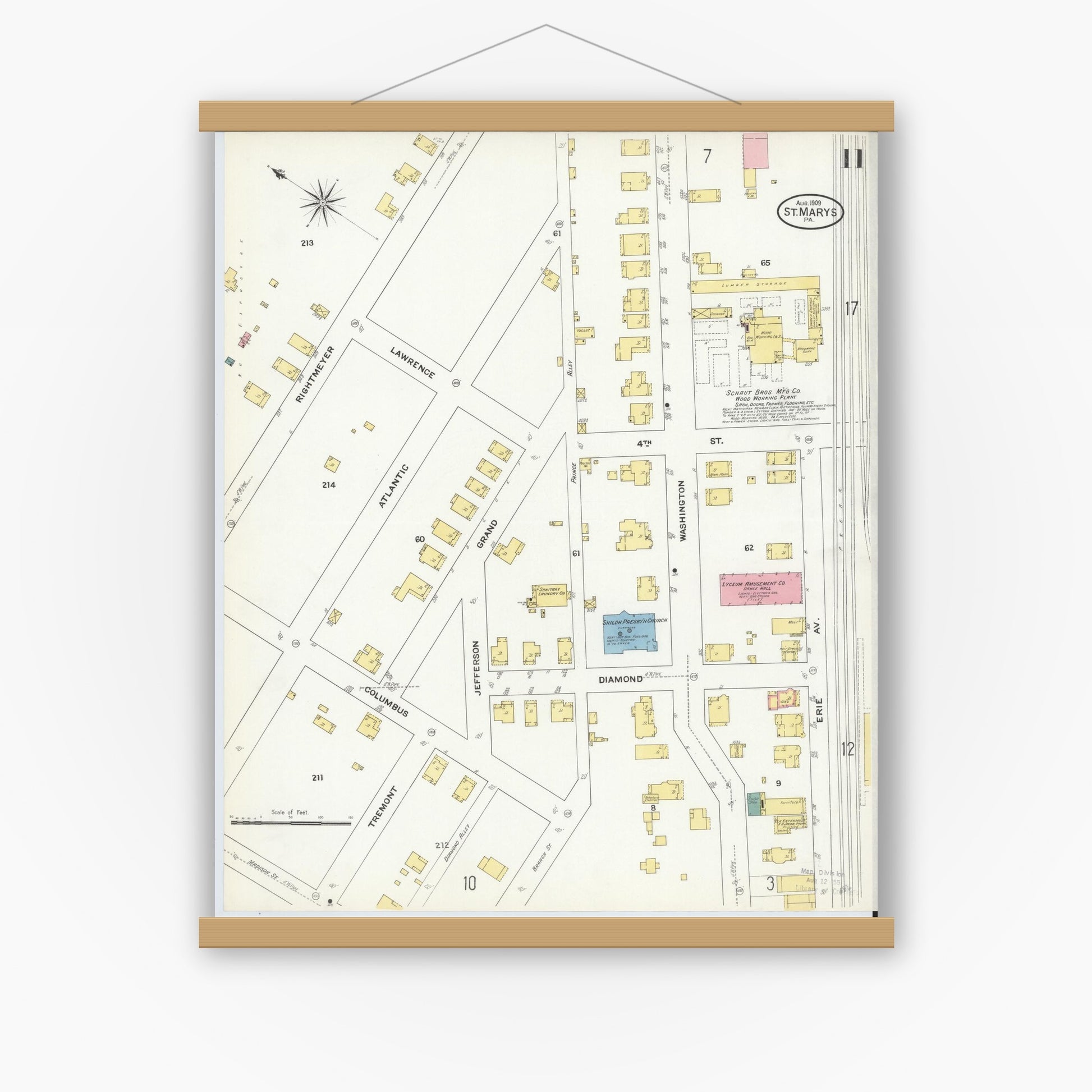 Old map wall art mockup — magnetic wood frame on white wall — Sanborn Fire Insurance Map from Saint Marys, Elk County, Pennsylvania (1909), Sheet #0011
