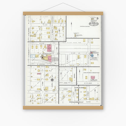 Old map wall art mockup — magnetic wood frame on white wall — Sanborn Fire Insurance Map from West Frankfort, Franklin County, Illinois (1919), Sheet #0009