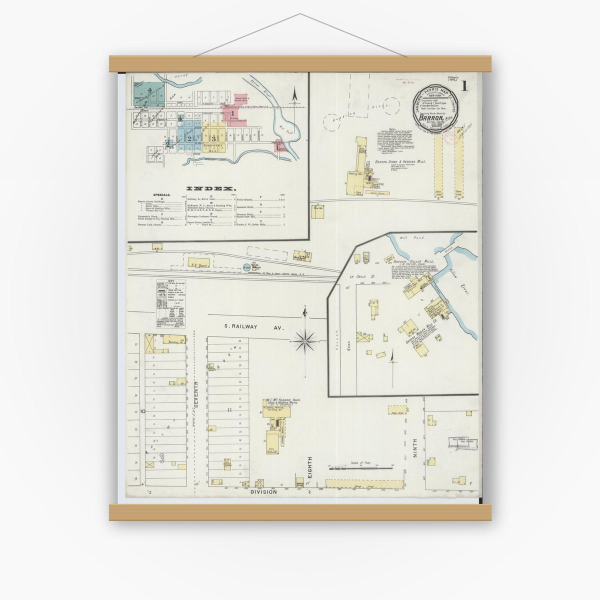 Old map wall art mockup — magnetic wood frame on white wall — Sanborn Fire Insurance Map from Barron, Barron County, Wisconsin (1894) - Complete Map Set