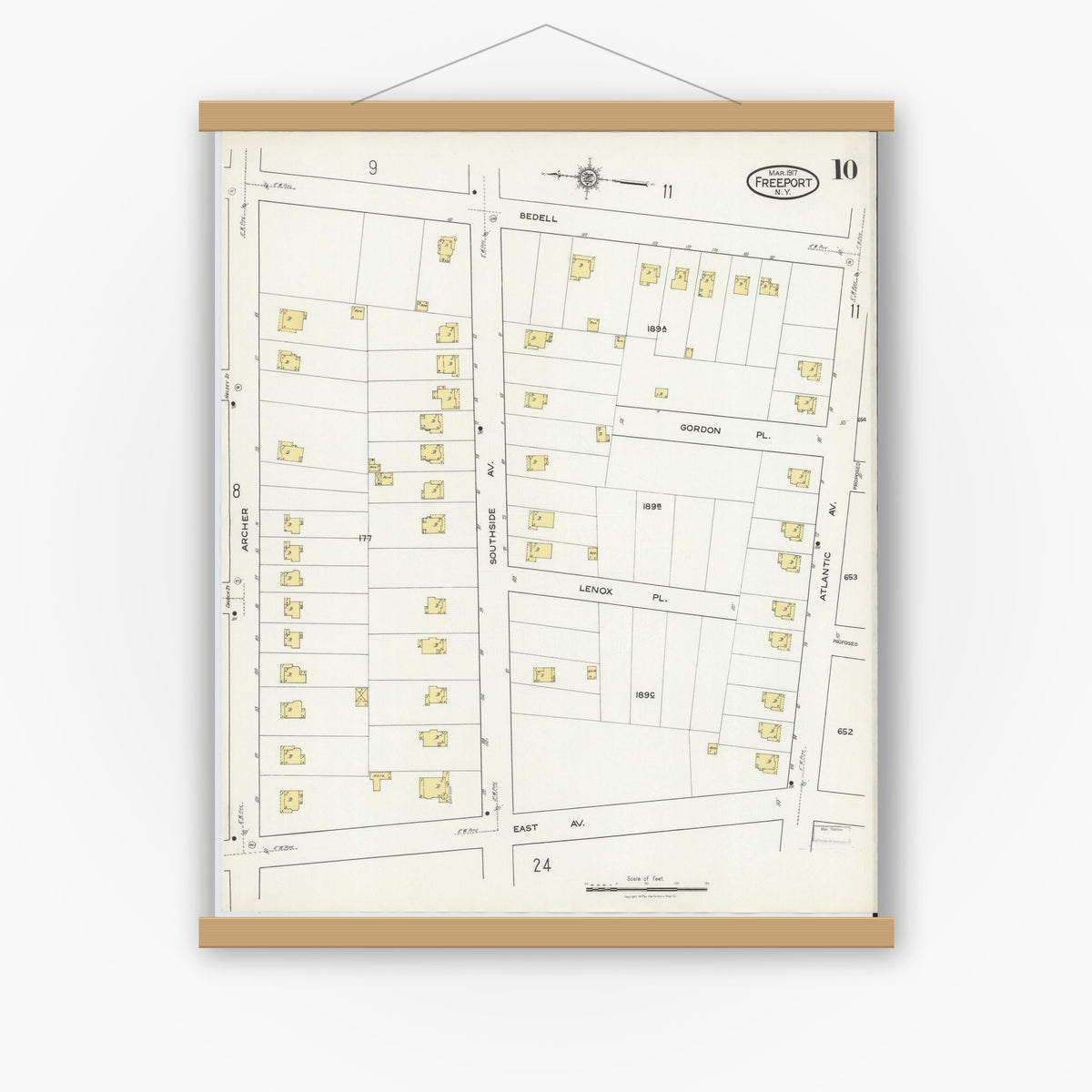 Old map wall art mockup — magnetic wood frame on white wall — Sanborn Fire Insurance Map from Freeport, Nassau County, New York (1917), Sheet #0010