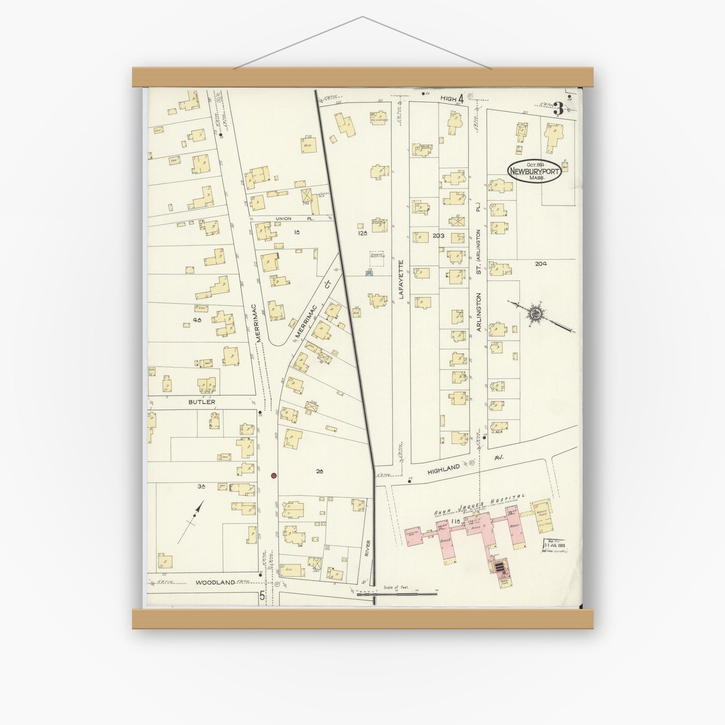 Old map wall art mockup — magnetic wood frame on white wall — Sanborn Fire Insurance Map from Newburyport, Essex County, Massachusetts (1914), Sheet #0003