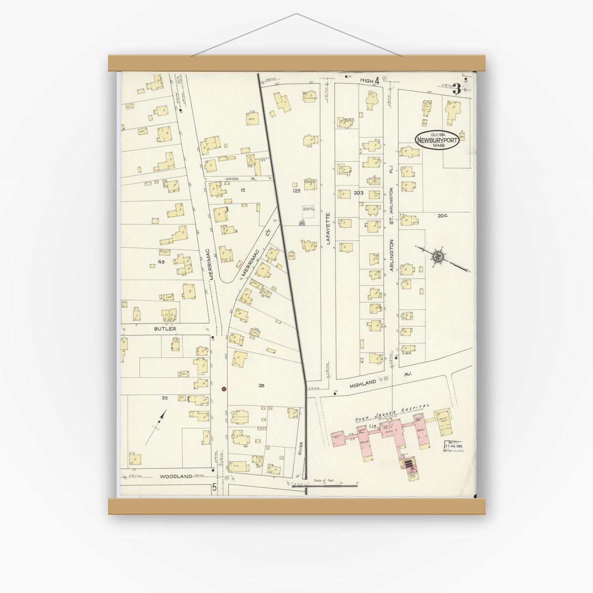 Old map wall art mockup — magnetic wood frame on white wall — Sanborn Fire Insurance Map from Newburyport, Essex County, Massachusetts (1914), Sheet #0003