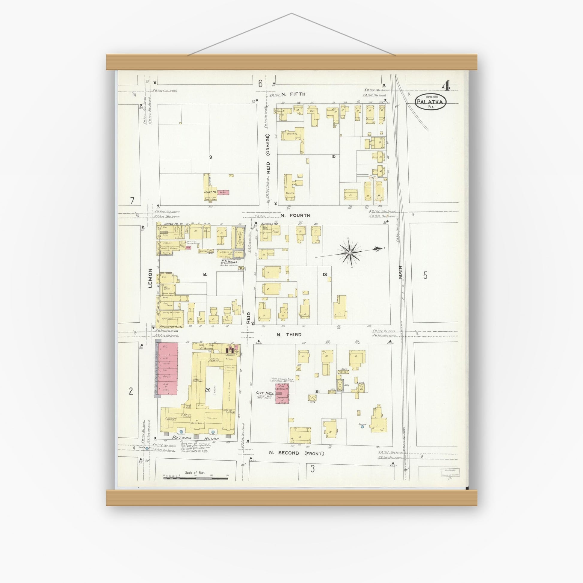 Old map wall art mockup — magnetic wood frame on white wall — Sanborn Fire Insurance Map from Palatka, Putnam County, Florida (1909), Sheet #0004