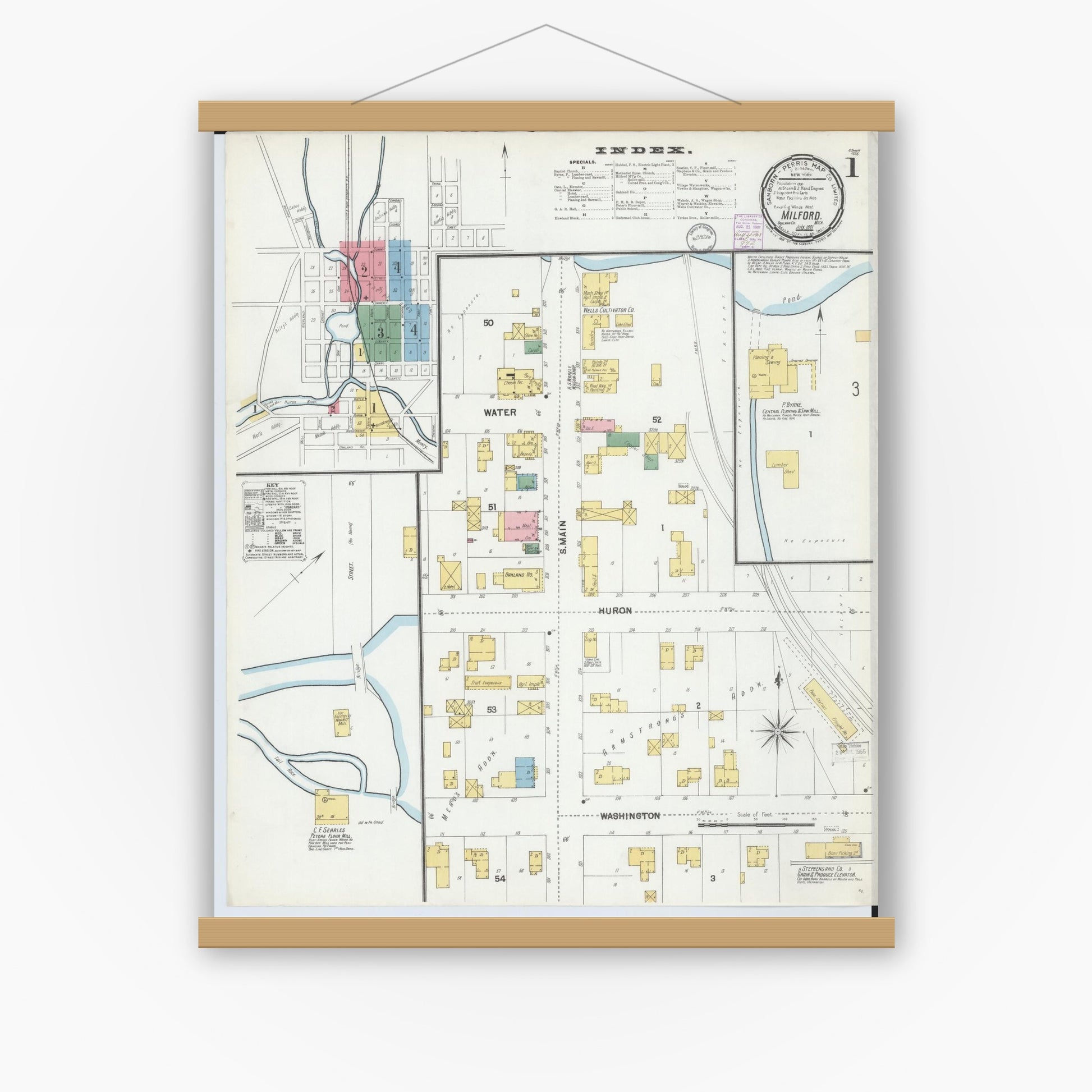 Old map wall art mockup — magnetic wood frame on white wall — Sanborn Fire Insurance Map from Milford, Oakland County, Michigan (1901) - Complete Map Set