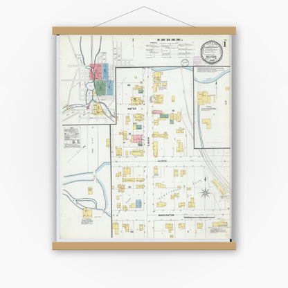 Old map wall art mockup — magnetic wood frame on white wall — Sanborn Fire Insurance Map from Milford, Oakland County, Michigan (1901) - Complete Map Set