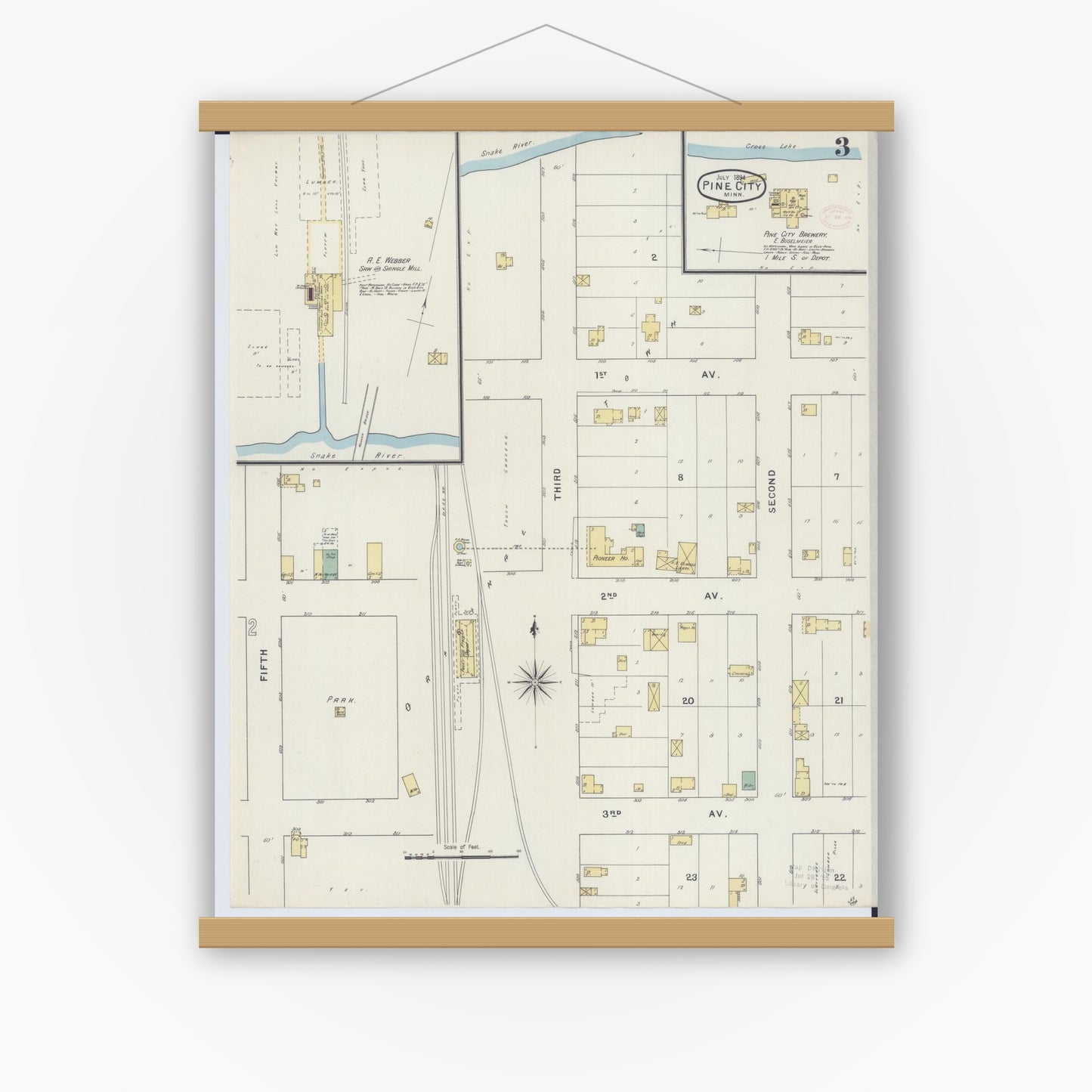 Old map wall art mockup — magnetic wood frame on white wall — Sanborn Fire Insurance Map from Pine City, Pine County, Minnesota (1894), Sheet #0003