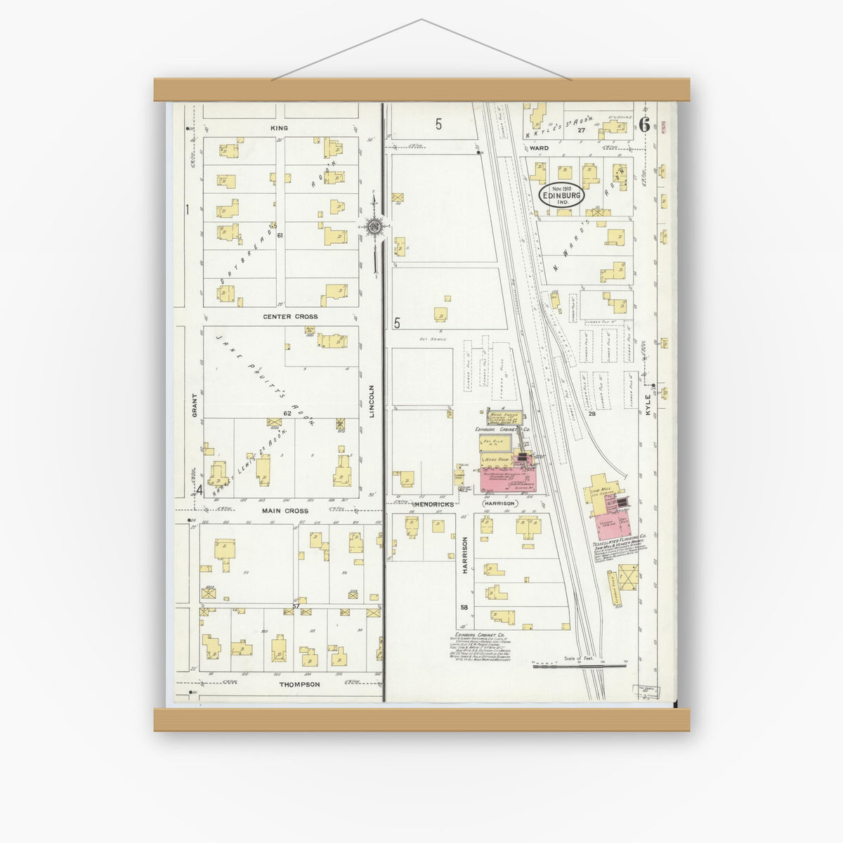 Old map wall art mockup — magnetic wood frame on white wall — Sanborn Fire Insurance Map from Edinburg, Johnson And Bartholomew Counties, Indiana (1910), Sheet #0006