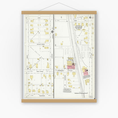 Old map wall art mockup — magnetic wood frame on white wall — Sanborn Fire Insurance Map from Edinburg, Johnson And Bartholomew Counties, Indiana (1910), Sheet #0006