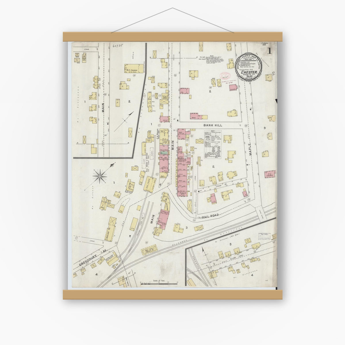 Old map wall art mockup — magnetic wood frame on white wall — Sanborn Fire Insurance Map from Chester, Orange County, New York (1894), Sheet #0001