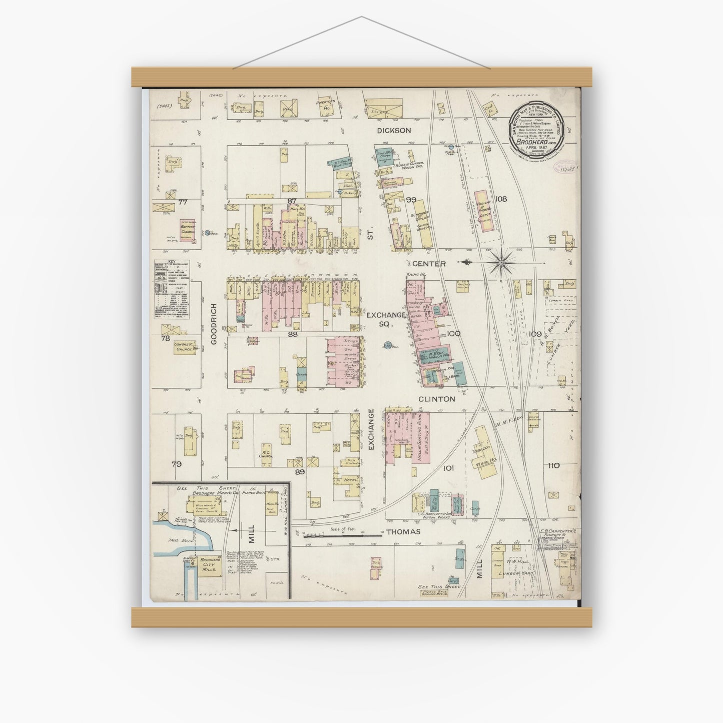 Old map wall art mockup — magnetic wood frame on white wall — Sanborn Fire Insurance Map from Brodhead, Green County, Wisconsin (1887), Sheet #0001