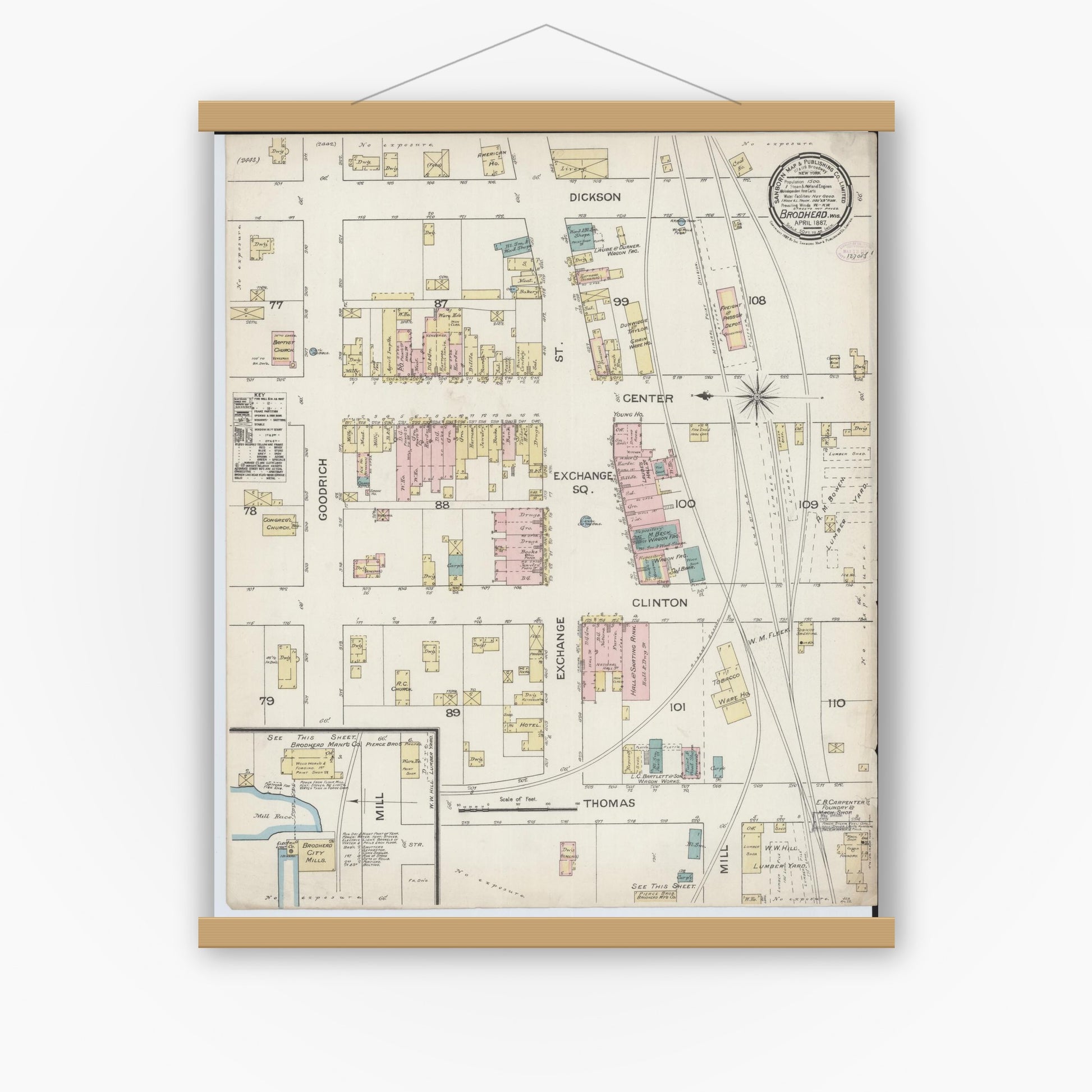 Old map wall art mockup — magnetic wood frame on white wall — Sanborn Fire Insurance Map from Brodhead, Green County, Wisconsin (1887), Sheet #0001