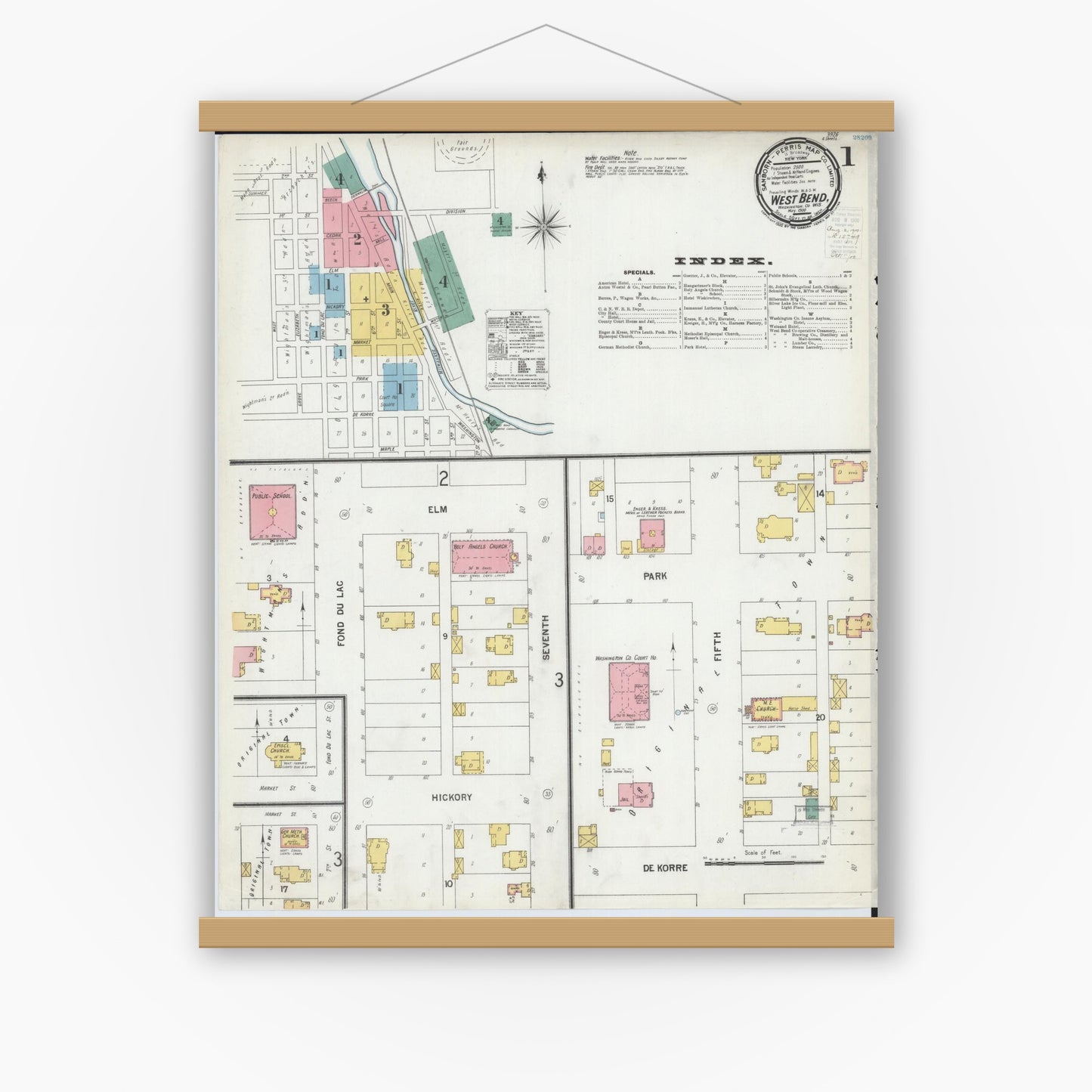 Old map wall art mockup — magnetic wood frame on white wall — Sanborn Fire Insurance Map from West Bend, Washington County, Wisconsin (1900) - Complete Map Set