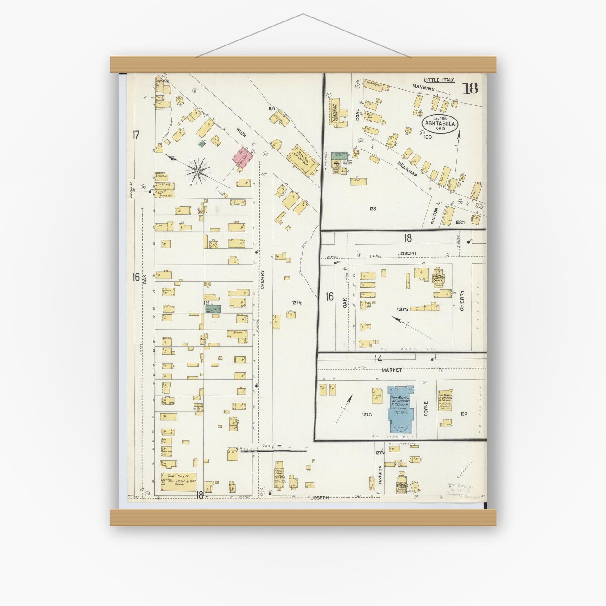 Old map wall art mockup — magnetic wood frame on white wall — Sanborn Fire Insurance Map from Ashtabula, Ashtabula County, Ohio (1903), Sheet #0018