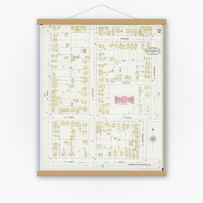 Old map wall art mockup — magnetic wood frame on white wall — Sanborn Fire Insurance Map from Kalamazoo, Kalamazoo County, Michigan (1896), Sheet #0002