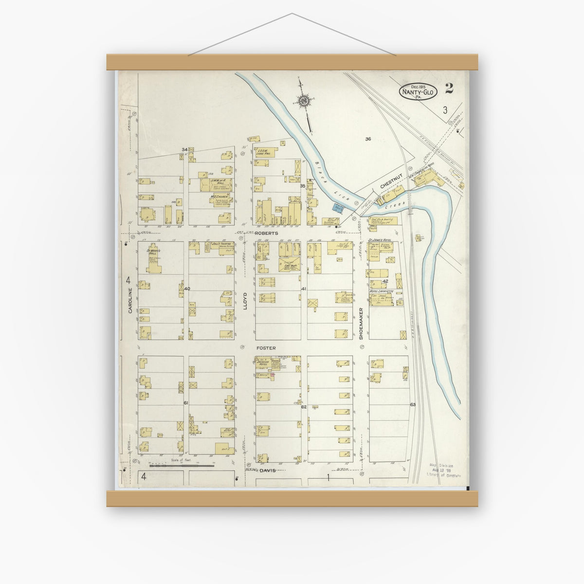 Old map wall art mockup — magnetic wood frame on white wall — Sanborn Fire Insurance Map from Nanty-Glo, Cambria County, Pennsylvania (1915), Sheet #0002