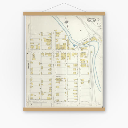 Old map wall art mockup — magnetic wood frame on white wall — Sanborn Fire Insurance Map from Nanty-Glo, Cambria County, Pennsylvania (1915), Sheet #0002