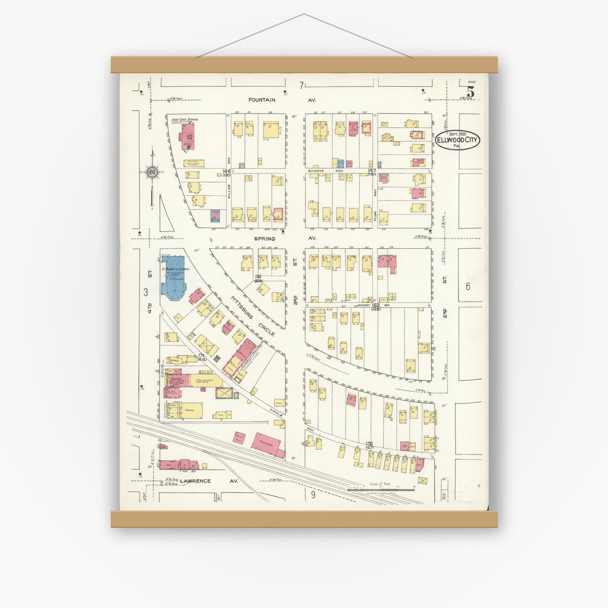 Old map wall art mockup — magnetic wood frame on white wall — Sanborn Fire Insurance Map from Ellwood City, Lawrence County, Pennsylvania (1921), Sheet #0005