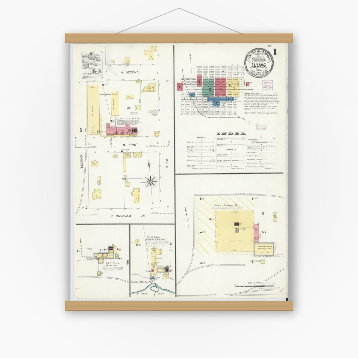 Old map wall art mockup — magnetic wood frame on white wall — Sanborn Fire Insurance Map from Luling, Caldwell County, Texas (1907), Sheet #0001