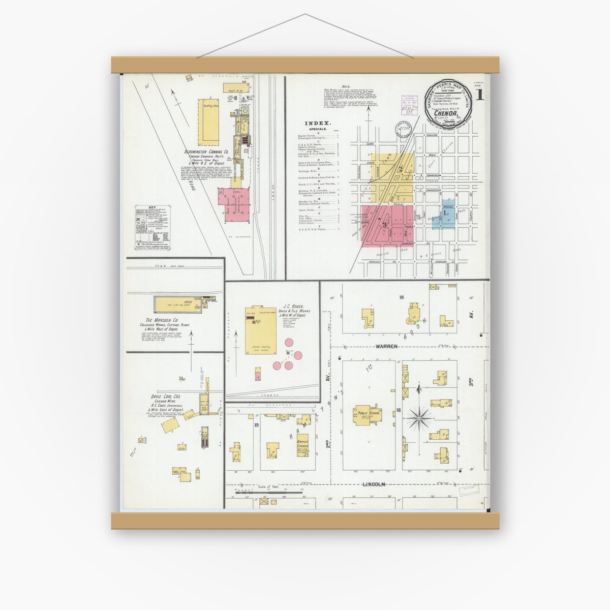 Old map wall art mockup — magnetic wood frame on white wall — Sanborn Fire Insurance Map from Chenoa, McLean County, Illinois (1901), Sheet #0001