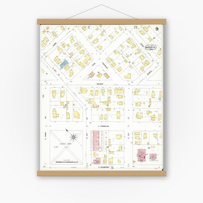 Old map wall art mockup — magnetic wood frame on white wall — Sanborn Fire Insurance Map from Waterloo, Black Hawk County, Iowa (1900), Sheet #0009