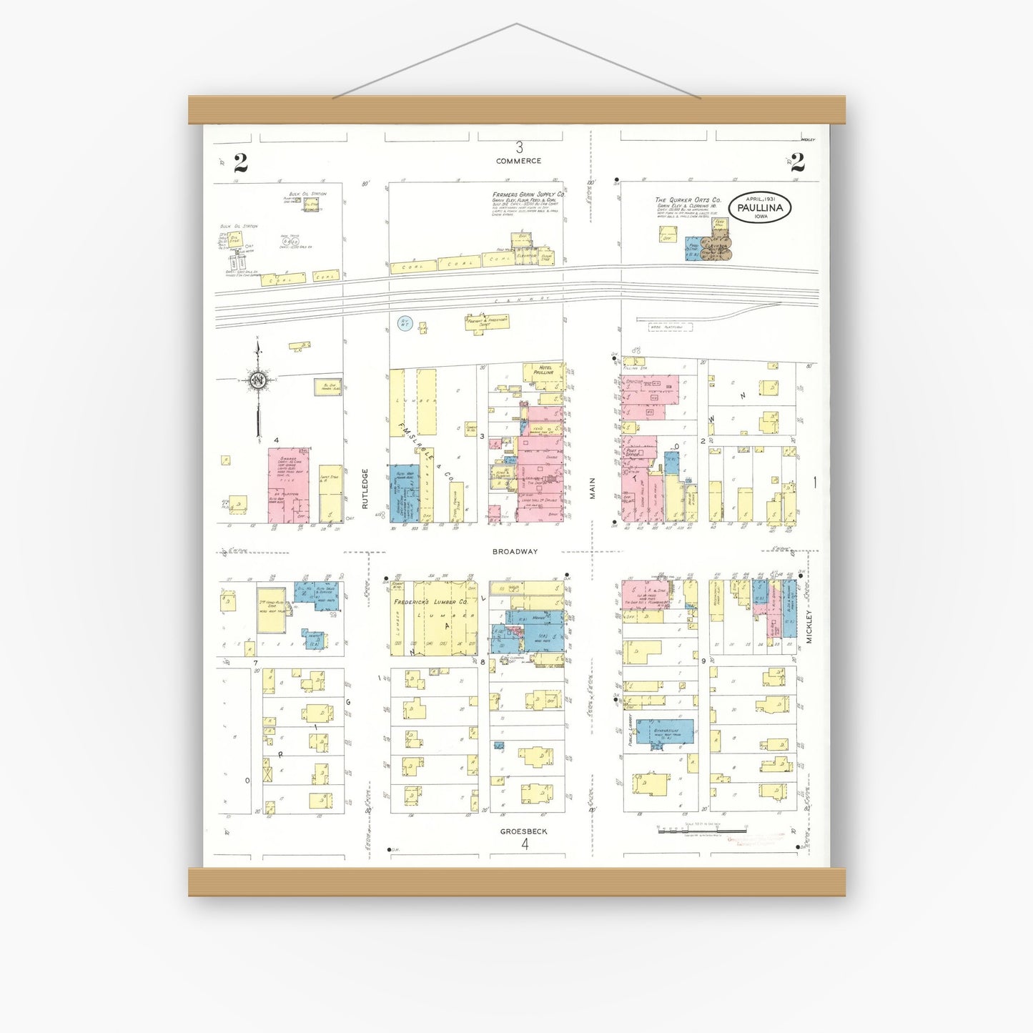 Old map wall art mockup — magnetic wood frame on white wall — Sanborn Fire Insurance Map from Paullina, O'Brien County, Iowa (1931), Sheet #0002