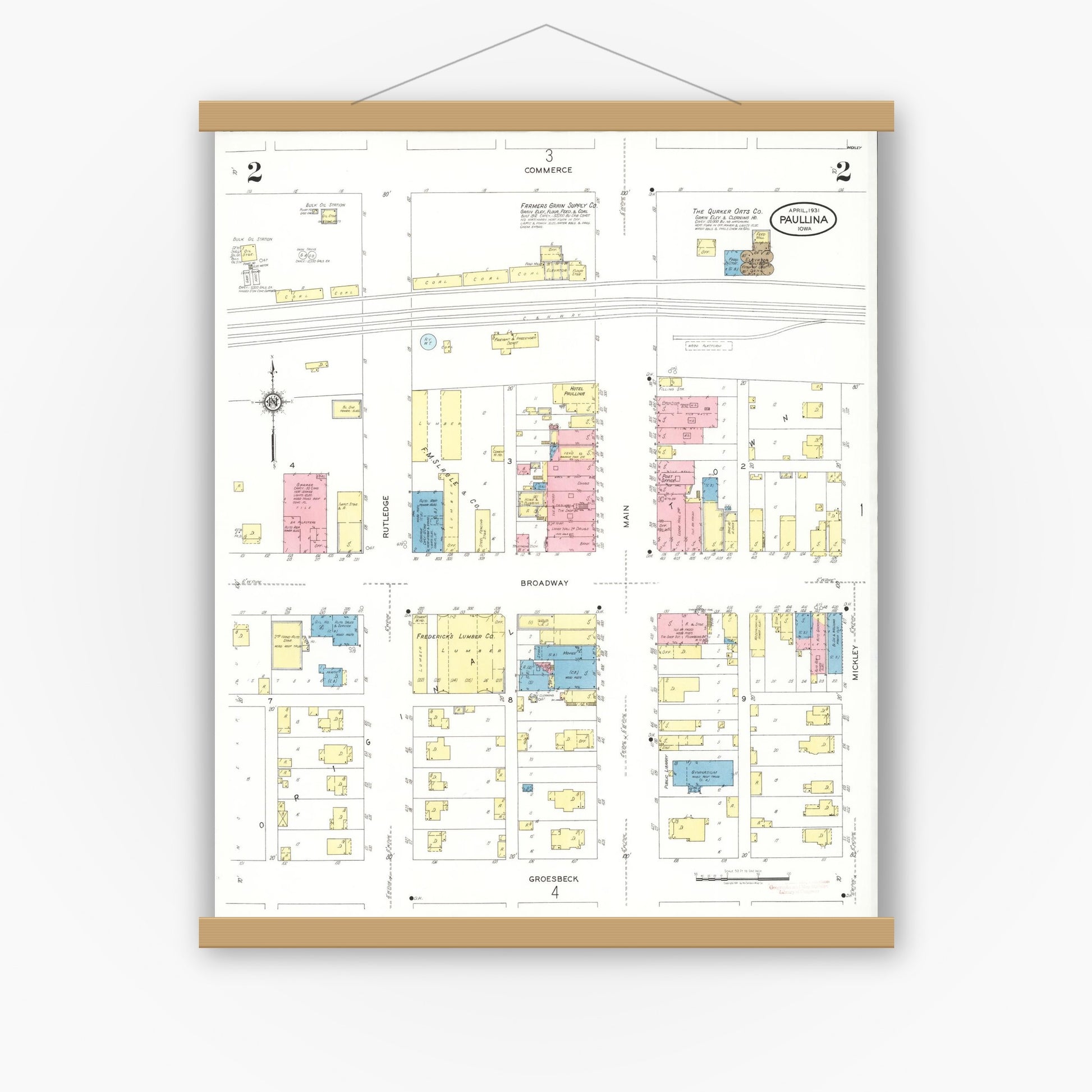 Old map wall art mockup — magnetic wood frame on white wall — Sanborn Fire Insurance Map from Paullina, O'Brien County, Iowa (1931), Sheet #0002