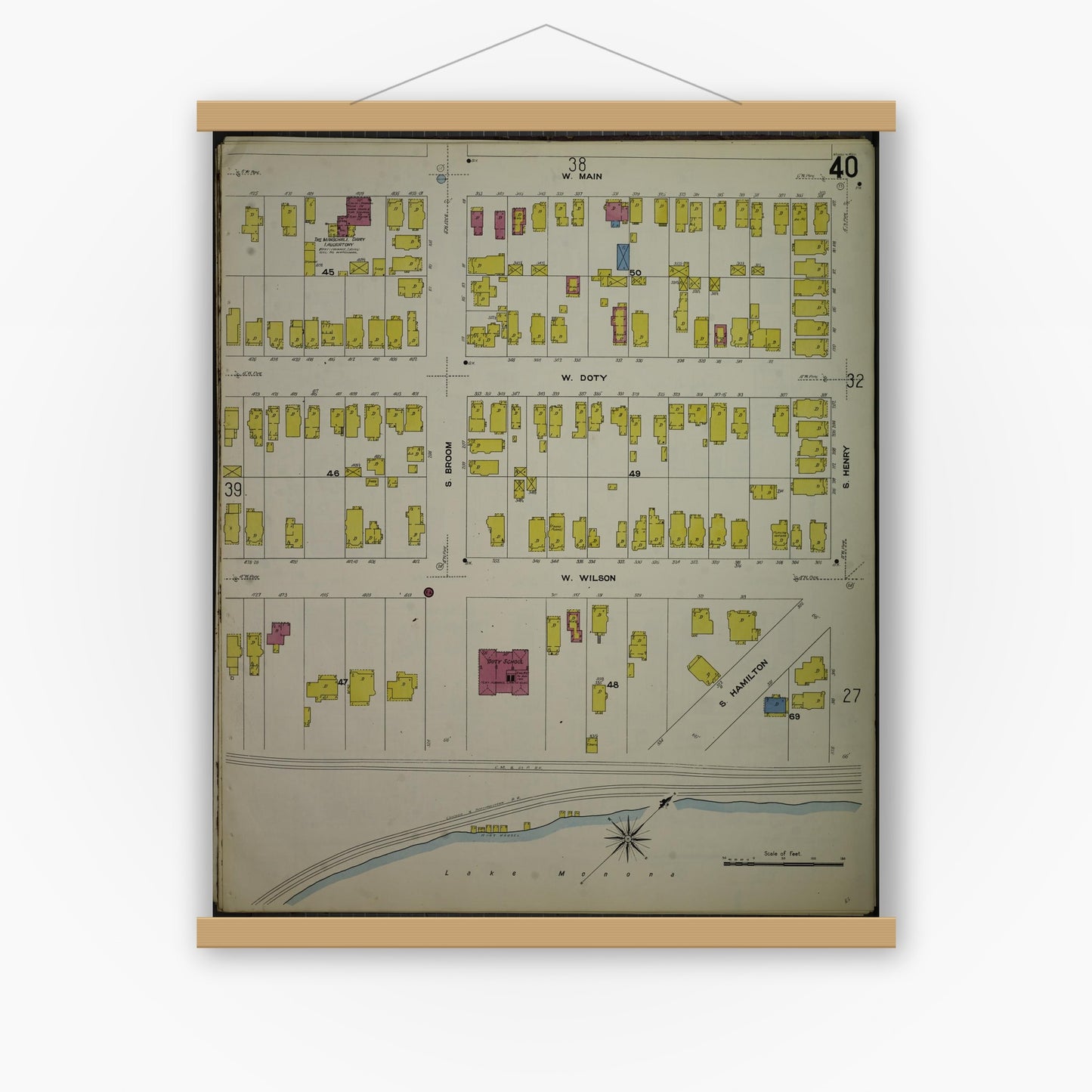 Old map wall art mockup — magnetic wood frame on white wall — Sanborn Fire Insurance Map from Madison, Dane County, Wisconsin (1908), Sheet #0040