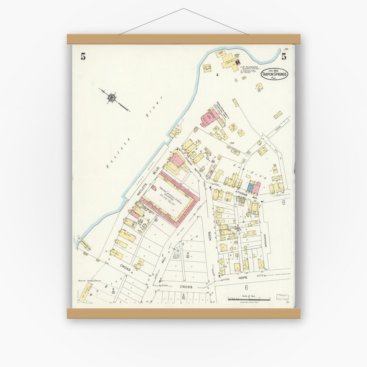 Old map wall art mockup — magnetic wood frame on white wall — Sanborn Fire Insurance Map from Tarpon Springs, Pinellas County, Florida (1926), Sheet #0005