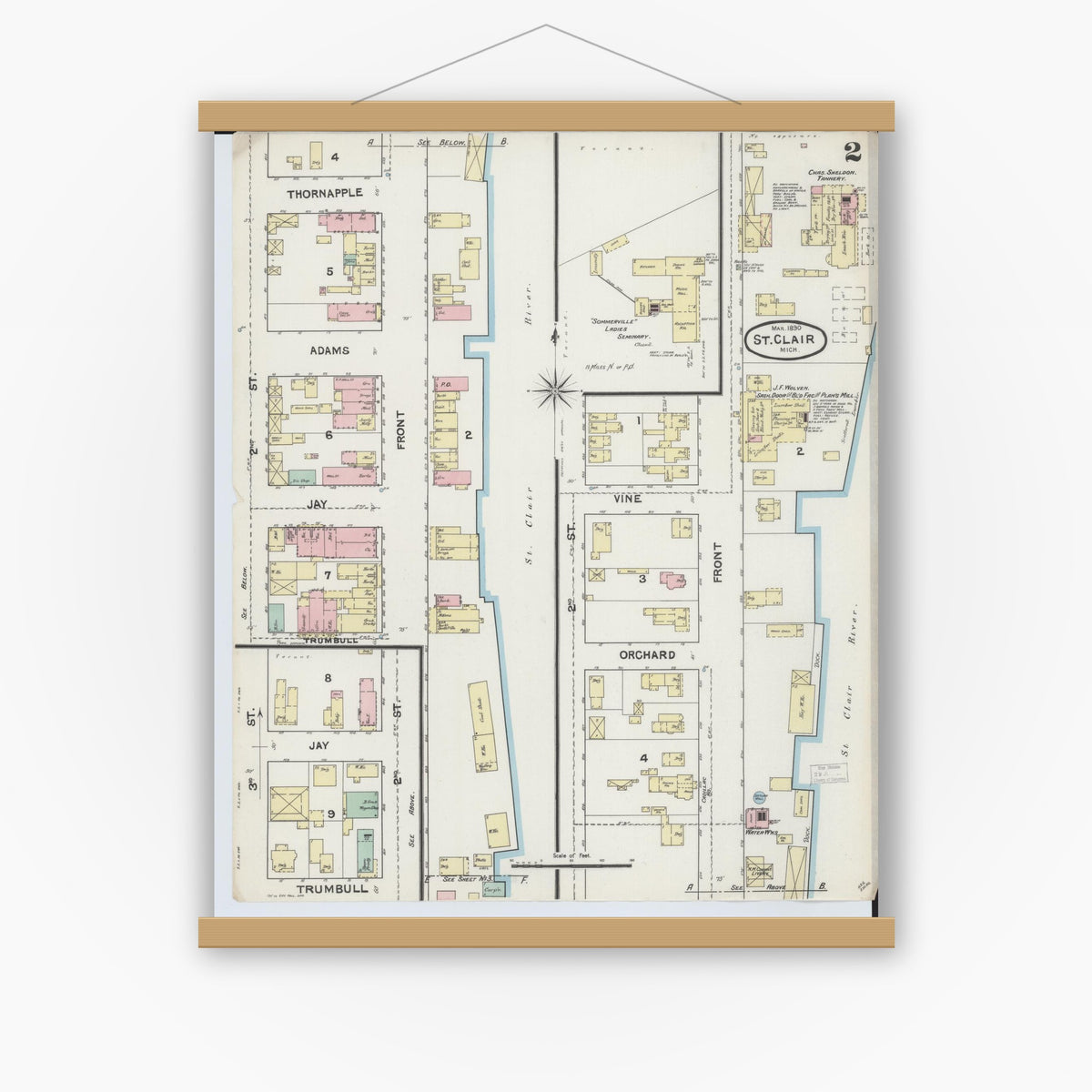 Old map wall art mockup — magnetic wood frame on white wall — Sanborn Fire Insurance Map from Saint Clair, Saint Clair County, Michigan (1890), Sheet #0002