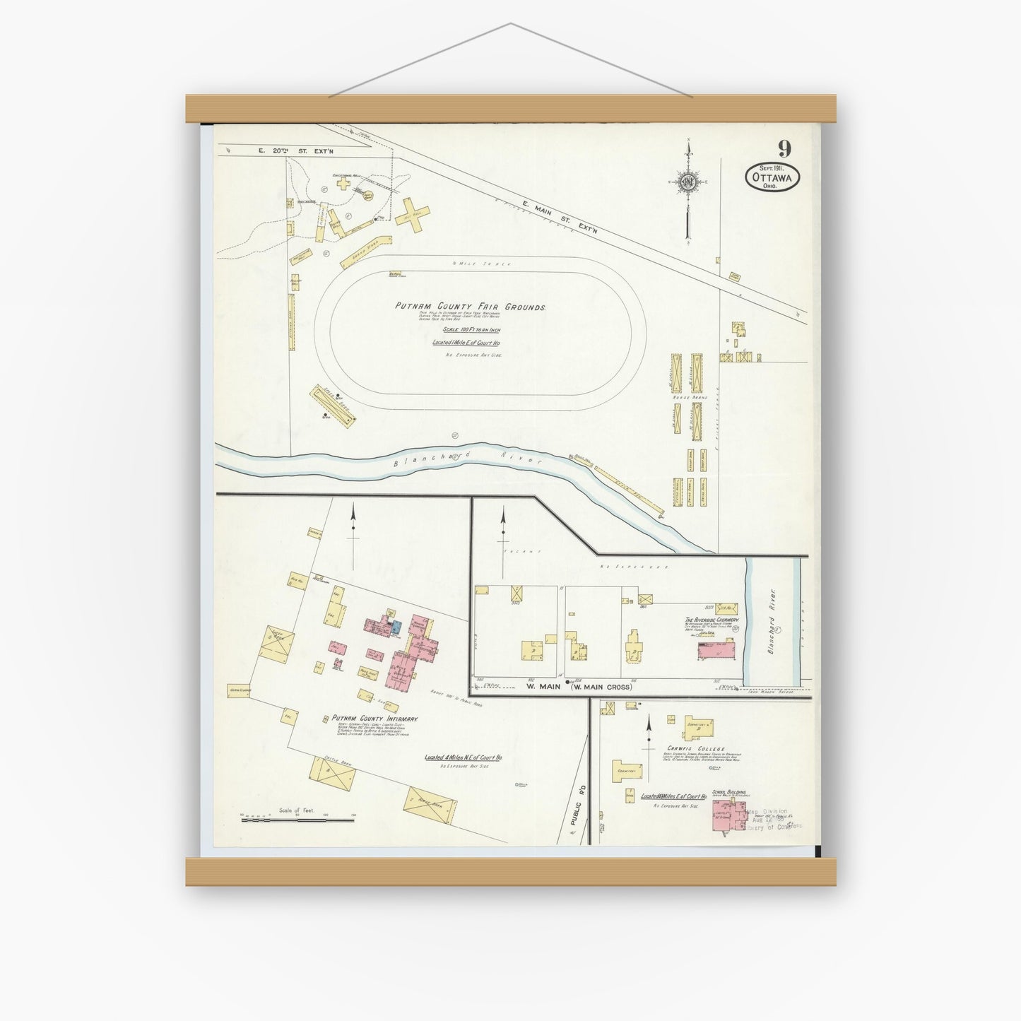Old map wall art mockup — magnetic wood frame on white wall — Sanborn Fire Insurance Map from Ottawa, Putnam County, Ohio (1911), Sheet #0009