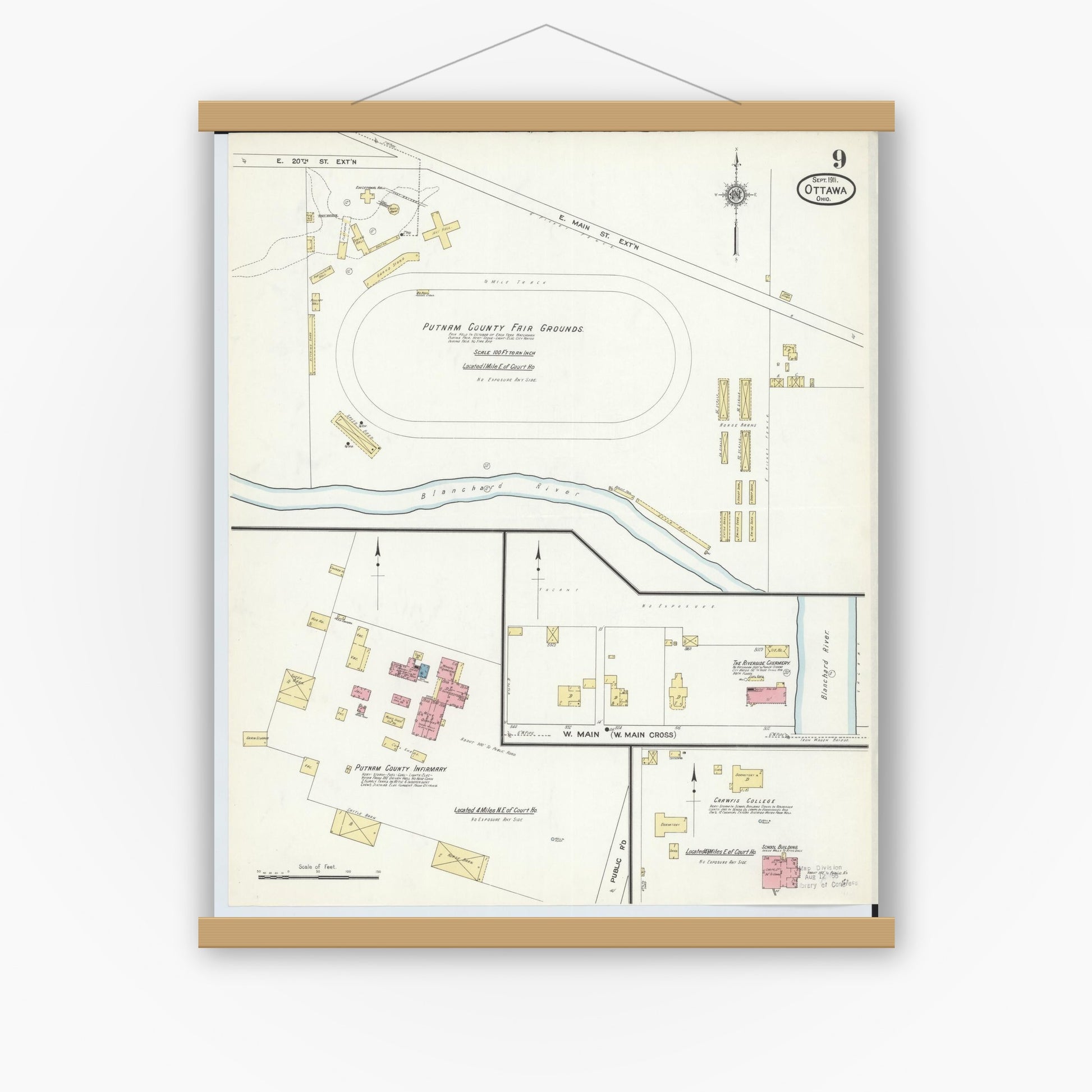 Old map wall art mockup — magnetic wood frame on white wall — Sanborn Fire Insurance Map from Ottawa, Putnam County, Ohio (1911), Sheet #0009