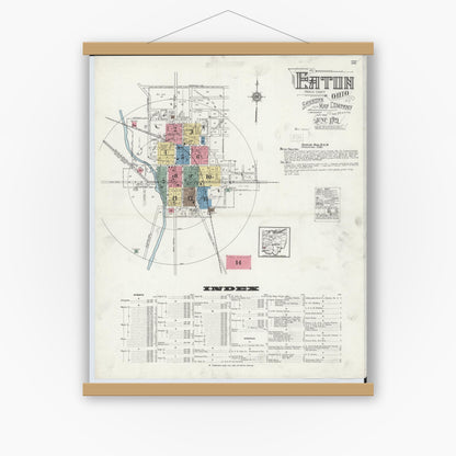 Old map wall art mockup — magnetic wood frame on white wall — Sanborn Fire Insurance Map from Eaton, Preble County, Ohio (1921) - Complete Map Set