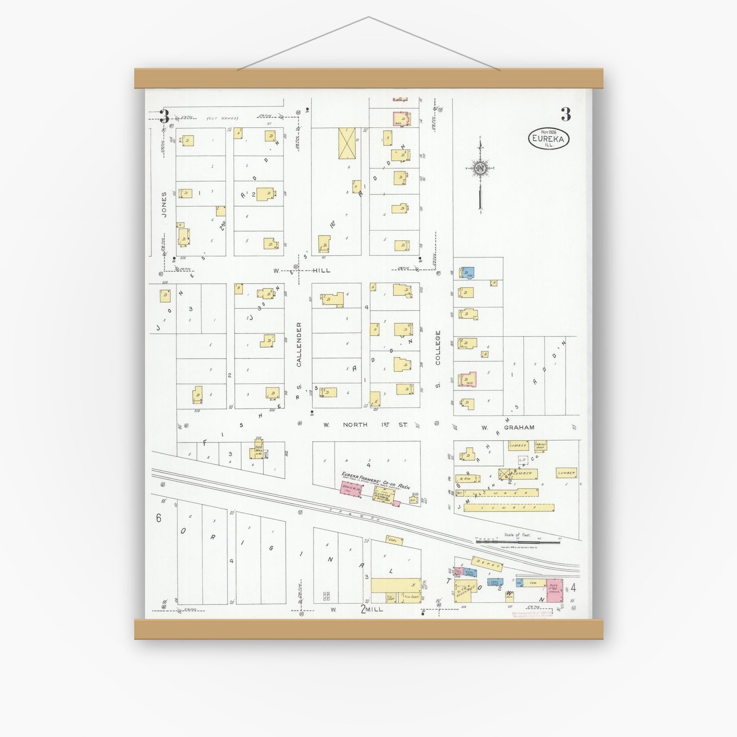 Old map wall art mockup — magnetic wood frame on white wall — Sanborn Fire Insurance Map from Eureka, Woodford County, Illinois (1926), Sheet #0003