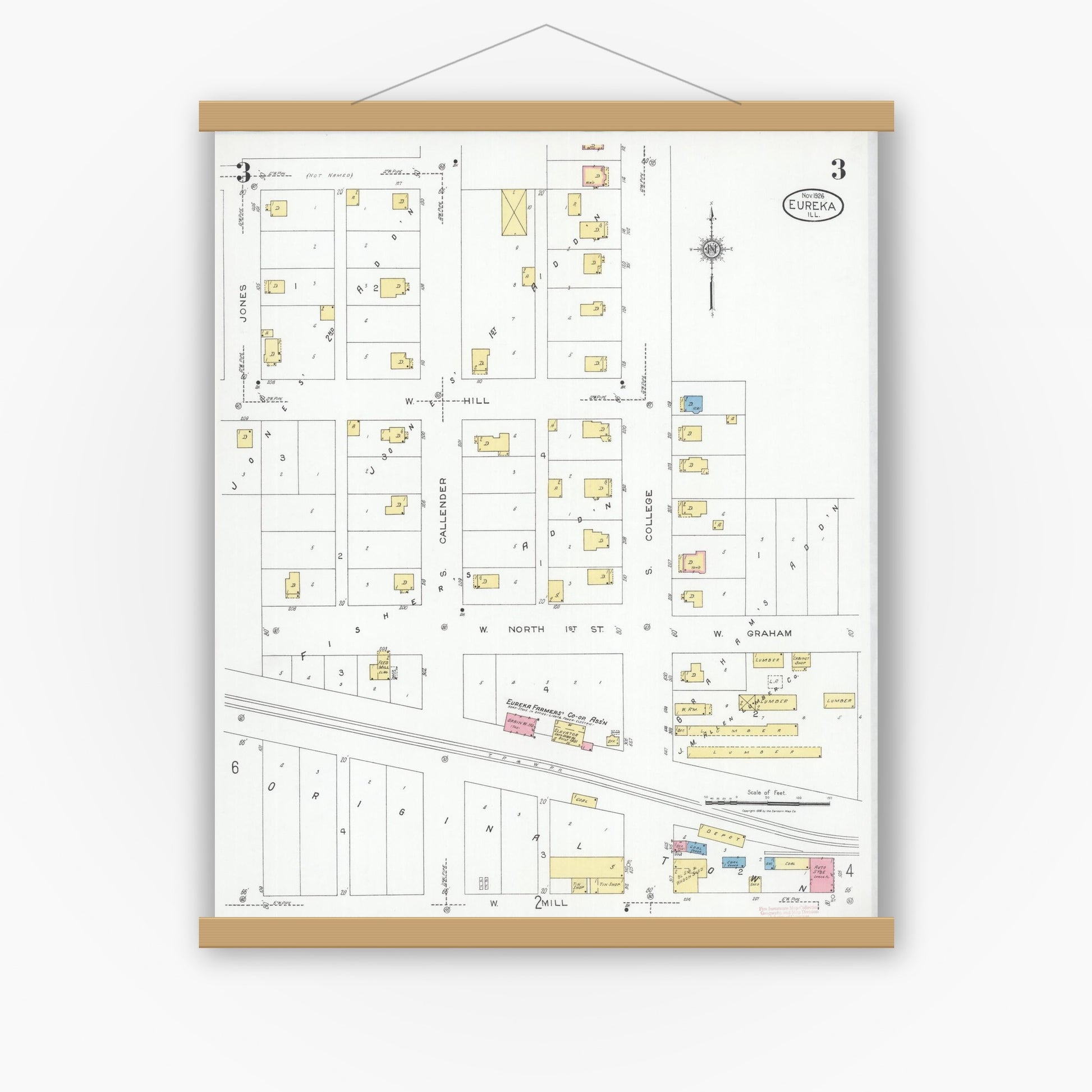 Old map wall art mockup — magnetic wood frame on white wall — Sanborn Fire Insurance Map from Eureka, Woodford County, Illinois (1926), Sheet #0003