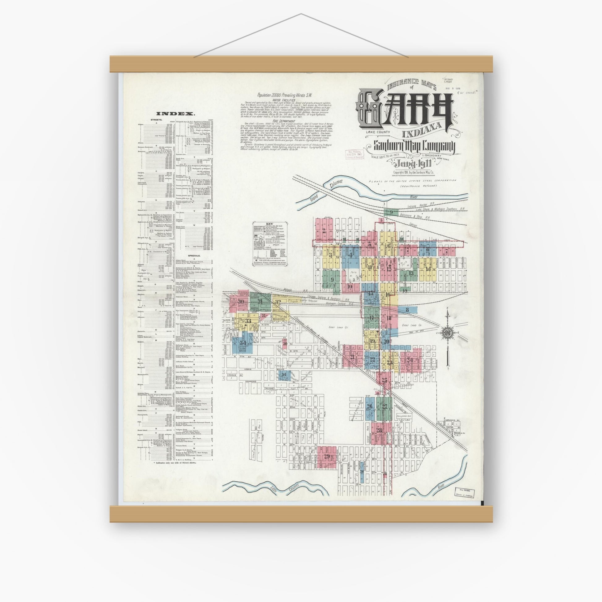 Old map wall art mockup — magnetic wood frame on white wall — Sanborn Fire Insurance Map from Gary, Lake County, Indiana (1911) - Complete Map Set