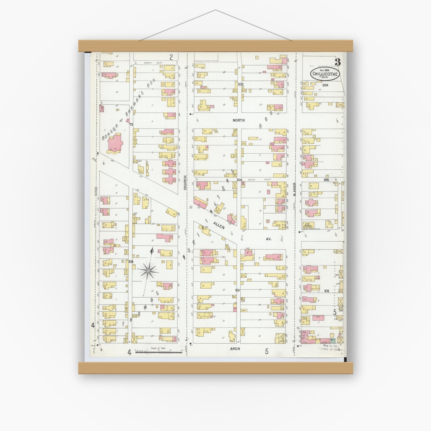 Old map wall art mockup — magnetic wood frame on white wall — Sanborn Fire Insurance Map from Chillicothe, Ross County, Ohio (1900), Sheet #0003