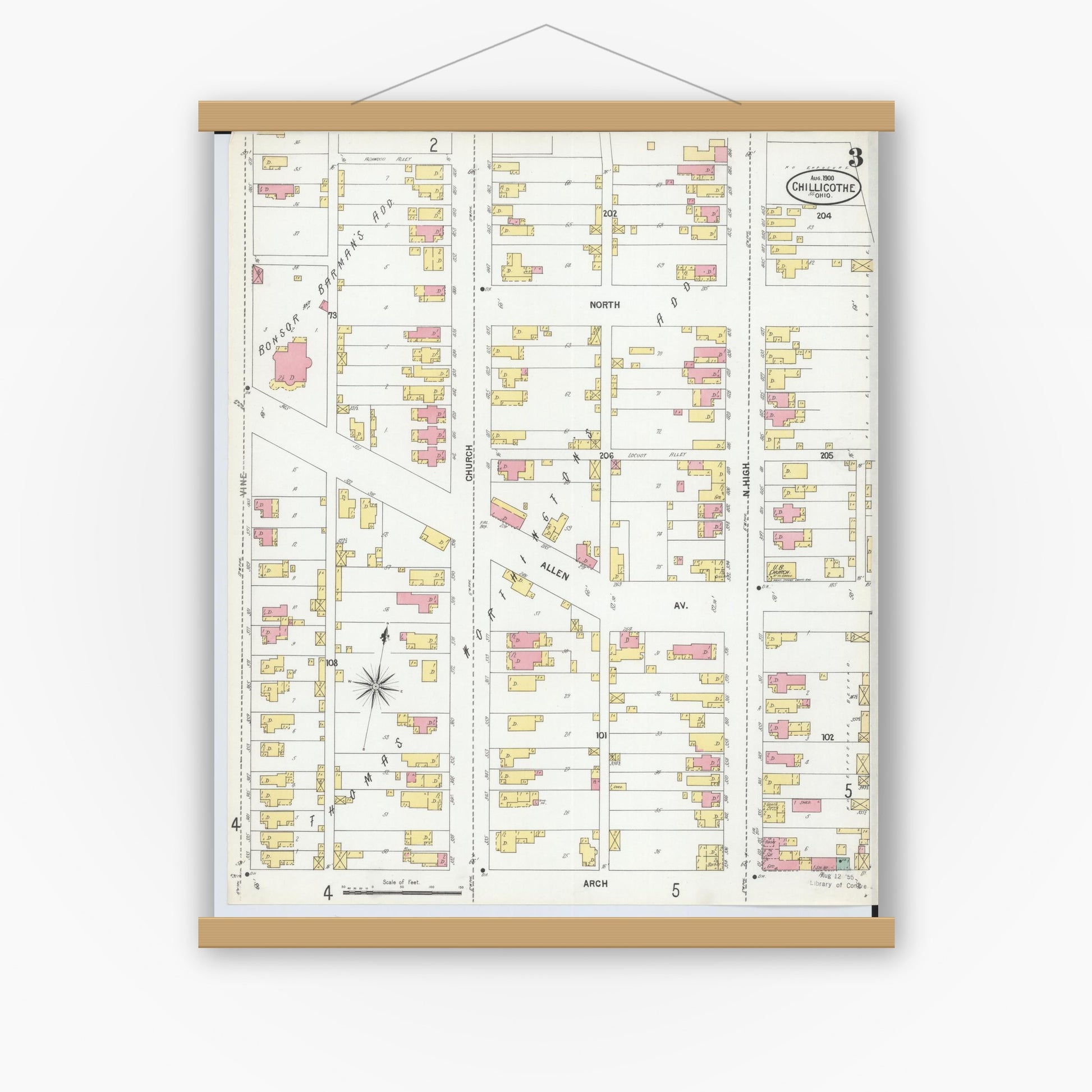 Old map wall art mockup — magnetic wood frame on white wall — Sanborn Fire Insurance Map from Chillicothe, Ross County, Ohio (1900), Sheet #0003