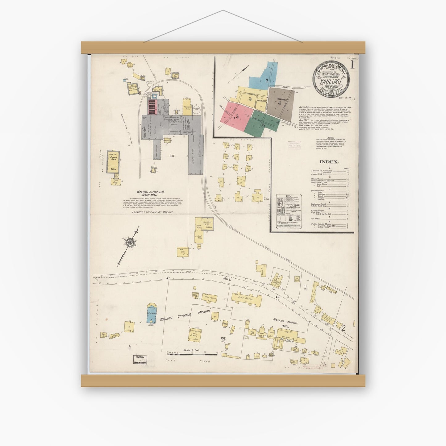 Old map wall art mockup — magnetic wood frame on white wall — Sanborn Fire Insurance Map from Wailuku, Maui County, Hawaii (1914) - Complete Map Set