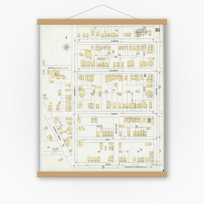 Old map wall art mockup — magnetic wood frame on white wall — Sanborn Fire Insurance Map from Bradford, McKean County, Pennsylvania (1899), Sheet #0016