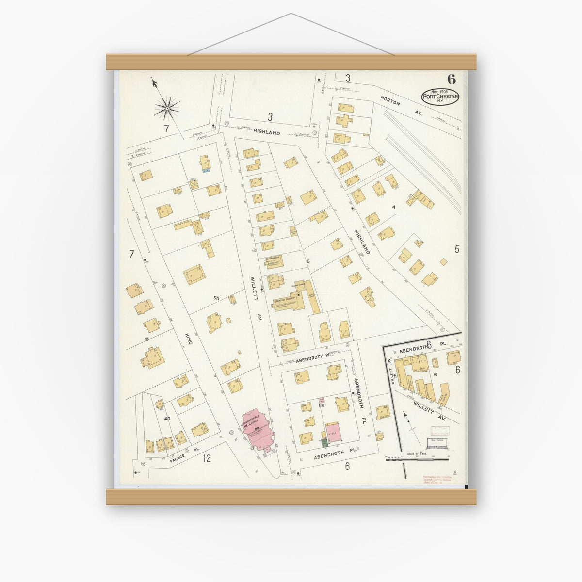 Old map wall art mockup — magnetic wood frame on white wall — Sanborn Fire Insurance Map from Port Chester, Westchester County, New York (1908), Sheet #0006