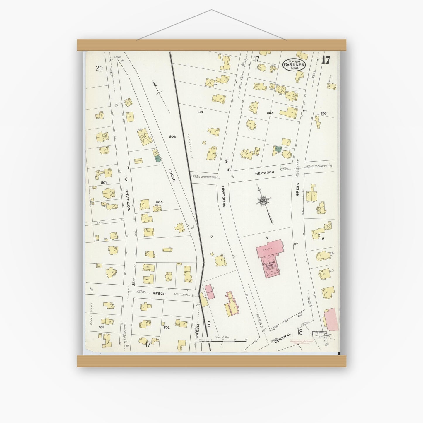Old map wall art mockup — magnetic wood frame on white wall — Sanborn Fire Insurance Map from Gardner, Worcester County, Massachusetts (1909), Sheet #0017