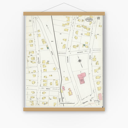 Old map wall art mockup — magnetic wood frame on white wall — Sanborn Fire Insurance Map from Gardner, Worcester County, Massachusetts (1909), Sheet #0017