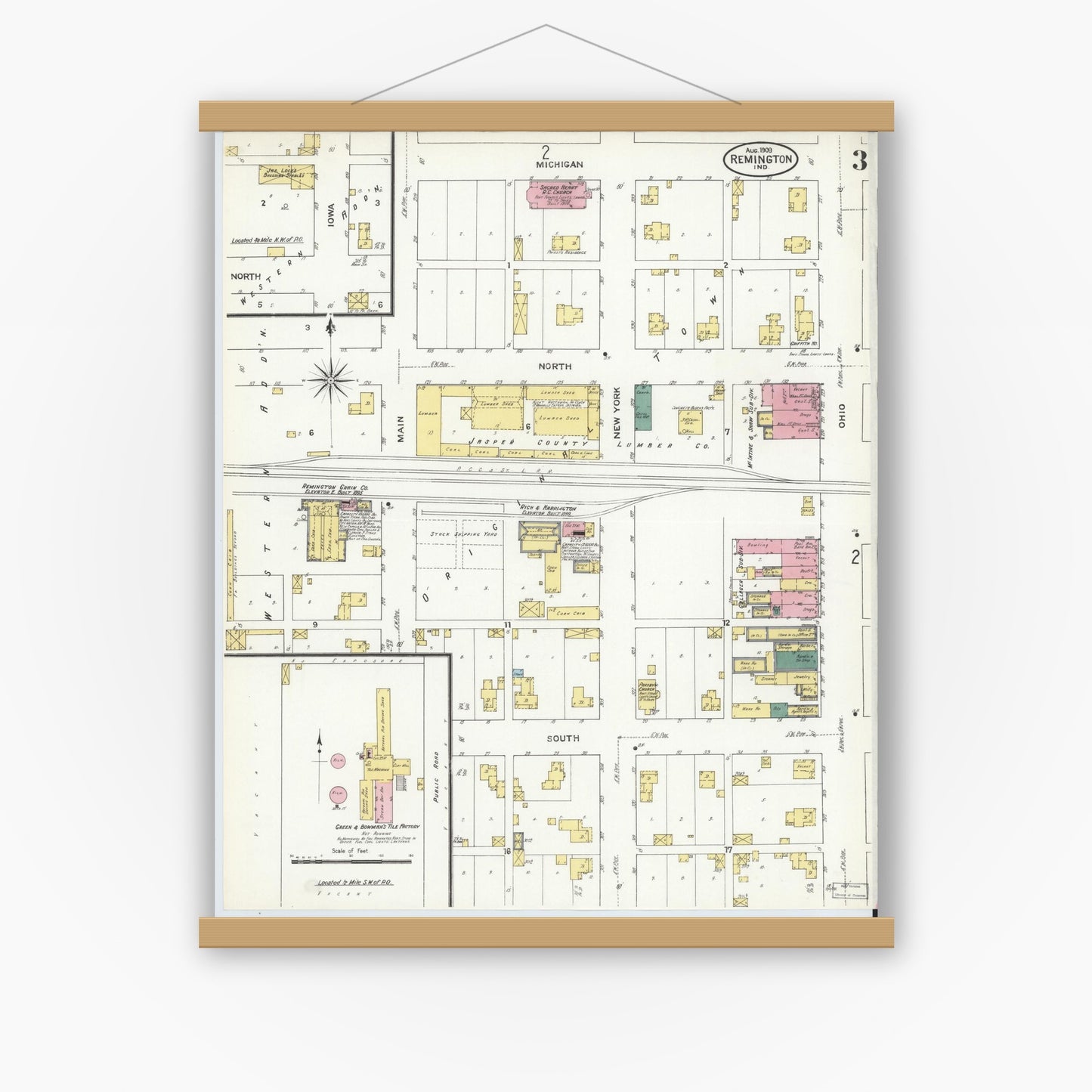 Old map wall art mockup — magnetic wood frame on white wall — Sanborn Fire Insurance Map from Remington, Jasper County, Indiana (1909), Sheet #0003