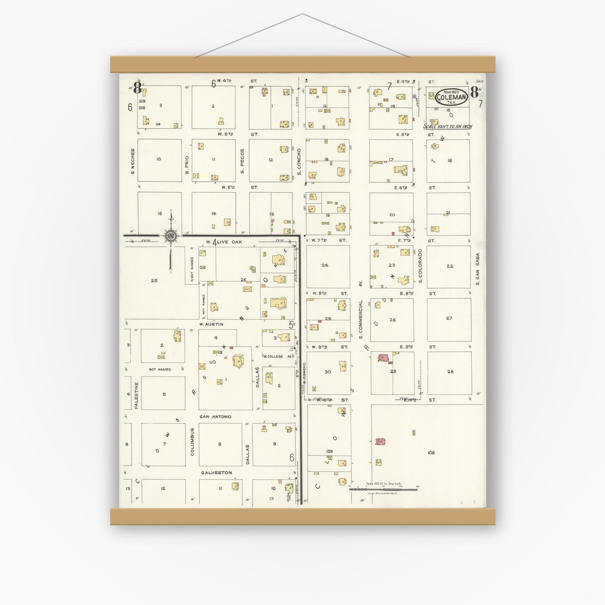 Old map wall art mockup — magnetic wood frame on white wall — Sanborn Fire Insurance Map from Coleman, Coleman County, Texas (1923), Sheet #0008